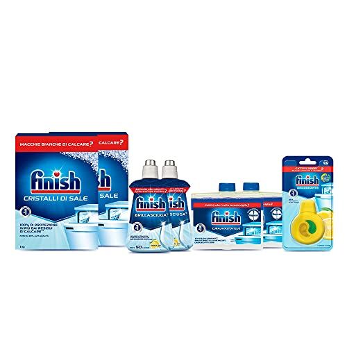 Finish Kit Additivi Lavastoviglie, 2 Confezioni Brillantante Lemon 250ml, 2 Confezioni Curalavastoviglie regular 250ml, 2 Confezioni Cristalli Di Sale 1 kg, 1 Confezione Deodorante