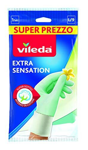 Vileda Extra Sensation guanti in lattice con rivestimento interno in cotone massima sensibilità al tatto adatto per i lavori domestici più delicati vestibilità aderente tre misure S-M-L confezione da