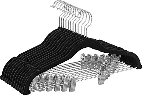 SONGMICS Grucce Pantaloni con Pinze, 12 Pezzi, Grucce Appendiabiti in Velluto, 42,5 cm, Appendini con Pinze Regolabili, Salvaspazio, Antiscivolo, per Gonne, Cappotti, Nero