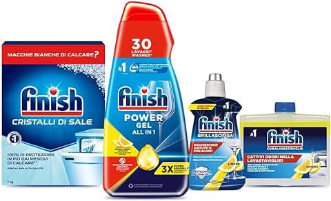 Finish Kit Lavastoviglie;  Powergel Detersivo Lavastoviglie Lemon 30 Lavaggi, Brillantante Limone 250ml, Curalavastoviglie Limone 250ml, Cristalli di Sale 1kg