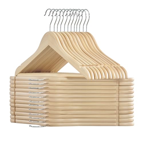 SONGMICS Grucce in Legno, 24 Pezzi, Grucce Appendiabiti, con Scanalature sulle Spalle, Barra per Pantaloni, Gancio Girevole a 360°, per Giacche Camicie Cappotti, Beige Naturale