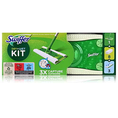 Swiffer Lavapavimenti, 1 Scopa E 8 Panni Microfibra Catturapolvere Dry E 3 Panni Wet, Cattura Polvere E Sporco Con I Suoi Panni In Microfibra, Lava Pavimenti Casa, Rimuove Sporco E Batteri