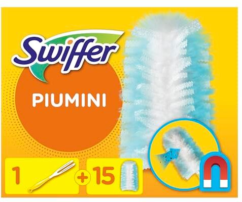 Swiffer Duster Piumini Cattura Polvere, 1 Manico e 15 Piumini, Cattura e Intrappola Polvere e Sporco, Ottimo per I peli di Animale, Maxi Formato, Starter Kit