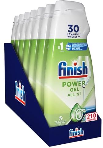 Finish Powergel Detersivo Lavastoviglie 0%, Gel Lavastoviglie, 210 Lavaggi, 7 Confezioni da 30 Lavaggi di Liquido Lavastoviglie contro lo Sporco Ostinato