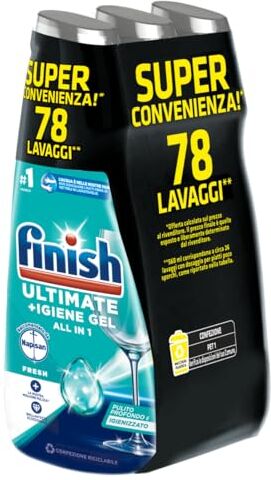 Finish Quantum + Igiene, Detersivo Lavastoviglie Raccomandato da Napisan, Gel Lavastoviglie, 78 Lavaggi, 1 confezione da 26 Lavaggi di Liquido Lavastoviglie