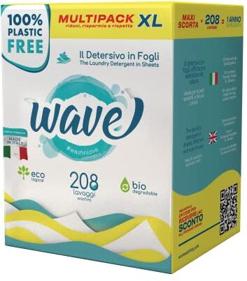 WaVe wash'n'love Wave Washing Classic Il Detersivo in Fogli 100% PLASTIC FREE Multipack XL 208 Lavaggi Made in Italy Ecologico Biodegradabile Compostabile