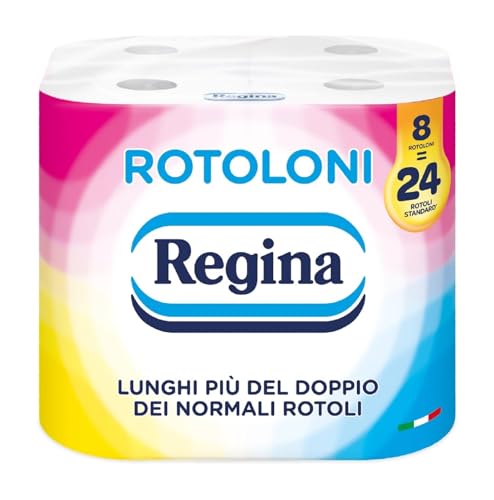 Regina Rotoloni  Maxi Rotoli di Carta Igienica, 500 Fogli a 2 Veli, 50% Plastica Riciclata, Carta 100% Certificata FSC, Confezione da 8