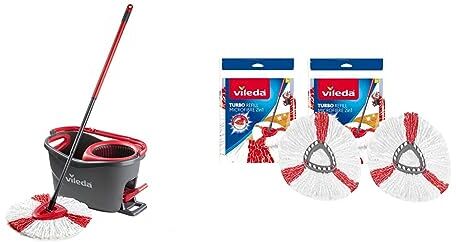 Vileda Turbo Mop Easy Wring & Clean con secchio a pedale, manico telescopico da 85-130 cm & Testina di ricambio del mocio, strizzamento semplice e pulizia turbo, 2 in 1, Microfibra, Red