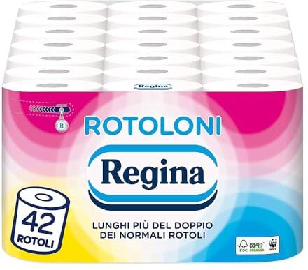 Regina Rotoloni  42 Maxi Rotoli di Carta Igienica, 500 Fogli a 2 Veli, Lunghezza ottima, Confezione 50% in Plastica Riciclata, Carta 100% Certificata FSC