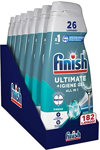 Finish Quantum + Igiene, Detersivo Lavastoviglie Raccomandato da Napisan, Gel Lavastoviglie, 182 Lavaggi, 7 confezioni da 26 Lavaggi di Liquido Lavastoviglie