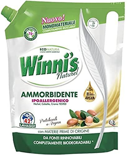 Winni's Ammorbidente Lavatrice Ipoallergenico in Ecoformato, 42 Lavaggi, Adatto alle Pelli più Sensibili, Estratto Biologico di Argan e Patchouli, con Materie Prime di Origine Vegetale, 1470 ml