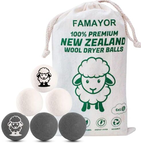 Famayor . 6 palline di lana per asciugatrice, senza prodotti chimici o plastica, 100% lana della Nuova Zelanda, riutilizzabili, ammorbidenti naturali, morbidi e a risparmio energetico, ideali per