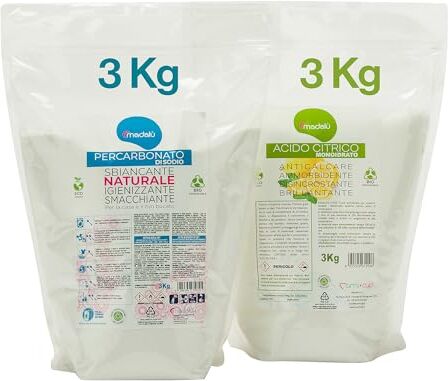 MAMICUP Kit Acido Citrico 3 kg, Ammorbidente, Brillantante + 3 kg Percarbonato di sodio Sbiancante, Igienizzante per Lavatrice e Pulizie della casa (3.00 Kg (Confezione da 2))