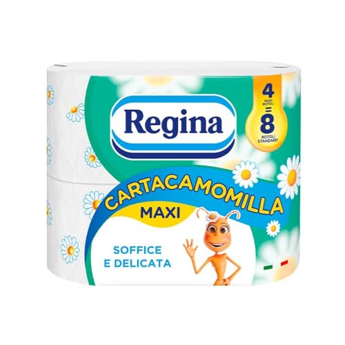 Regina Cartacamomilla 4 Rotoli di Carta Igienica, 300 Soffici Fogli a 3 Veli, Delicata e Consistente, Profumo di Camomilla, Confezione in Carta Riciclabile, Carta 100% Certificata FSC