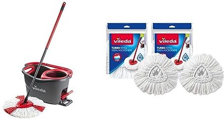 Vileda Turbo Mop Easy Wring & Clean con secchio a pedale, manico telescopico da 85-130 cm & Easywring e Clean Turbo Classico in Microfibra mop Refill Head, Microfibra, White, Twin Pack