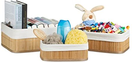 Relaxdays Cestino da Bagno Portaoggetti, Pratico Set da 3, Fodera in Tessuto, Bambù, Rettangolare, Giochi, Naturale