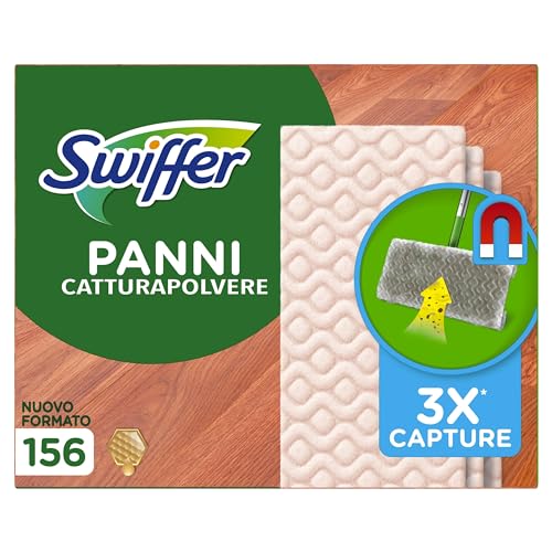 Swiffer Panni Catturapolvere, 156 Microfibra Dry Parquet, Cattura Sporco, Ottimo per Tutti i Tipi di Pavimenti e per i Peli di Animali, Maxi Formato, Fibre Riciclate