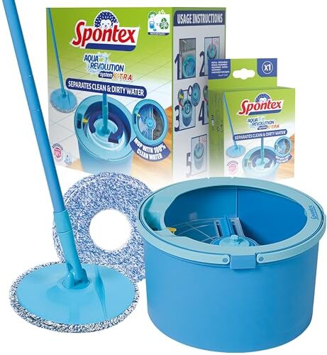 Spontex Aqua Revolution System, Set Mop e Secchio, Separa l'Acqua Sporca da Quella Pulita, Pulisce Pavimenti in Laminato, Legno e Piastrelle, Mop Piatto con 2 x Ricambi della Testa in Microfibra