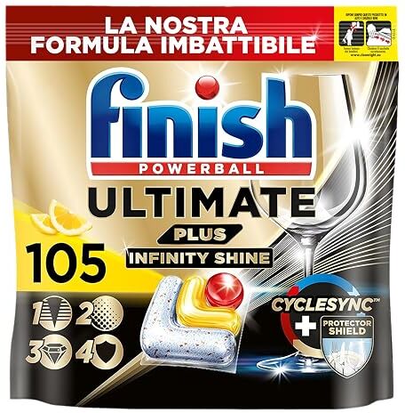 Finish Ultimate PLUS Infinity Shine Pastiglie Lavastoviglie al Limone, 105 Capsule con Scudo Protettivo contro lo Sporco e i Residui Incrostati