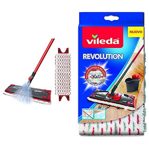 Vileda 1-2 Spray Scopa Lavapavimenti A Spruzzo con Ricambio in Microfibra, Rosso & Revolution Panno Ricambio 2 in 1 in Microfibra, Bianco