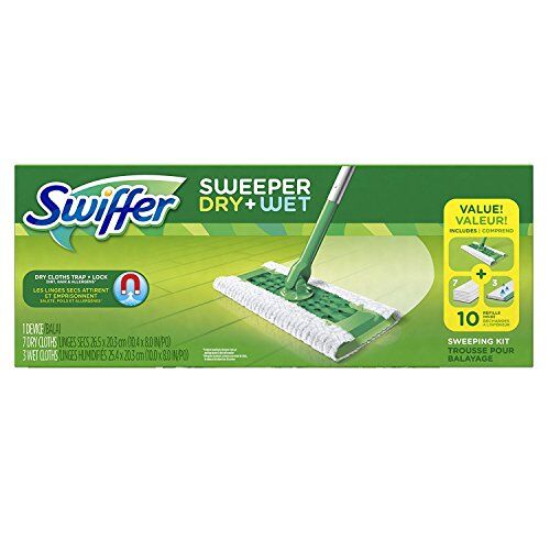 Swiffer Kit di pulizia scopa asciutto e bagnato, per la pulizia di legno duro e pavimenti, include: 1 mocio, 7 panni asciutti, 3 panni bagnati.