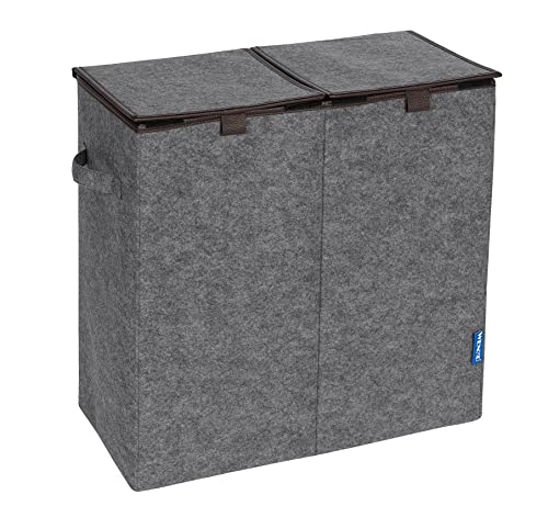 Wenko Cesto per la biancheria Duo grigio/marrone, cesta smistabiancheria di feltro riciclato con 2 scomparti e coperchi ribaltabili, maniglia per facile trasporto, capacità 82 l, (LxAxP): 52x54x28 cm