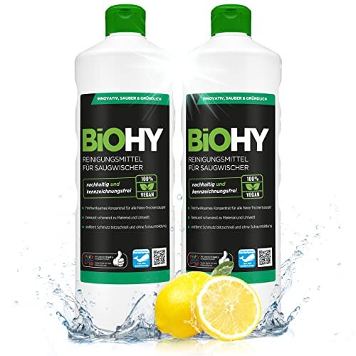 BIOHY Detergente per scopa aspirante (2 bottiglie da 1l)   Concentrato 1:200 per aspiraliquidi   ideale per piastrelle, PVC, parquet e moquette   ecologico (Saugwischer)