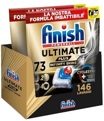 Finish Ultimate PLUS Infinity Shine Pastiglie Lavastoviglie, 146 Capsule , per Lavastoviglie con Scudo Protettivo contro lo Sporco e i Residui Incrostati