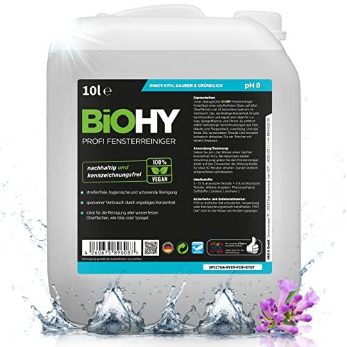 BIOHY Detergente per finestre professionale (Lattina da 10 Litri)   Detergente concentrato per vetri   adatto ai PULITORI A VUOTO PER VETRI   pulizia senza striature (Fensterreiniger)