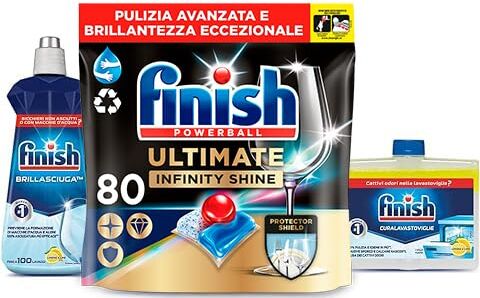 Finish Kit Lavastoviglie,  Ultimate Infinity Shine Pastiglie Lavastoviglie al Limone 80 lavaggi, Brillantante Lemon 500ml, Curalavastoviglie Lemon 250ml