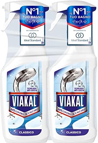 VIAKAL Classico Bagno Anticalcare Spray, 2 Confezioni da 670ml, Tecnologia Anti-Goccia, Elimina Fino Al 100% Di Calcare, Combatte i Cattivi Odori, Formato Convenienza