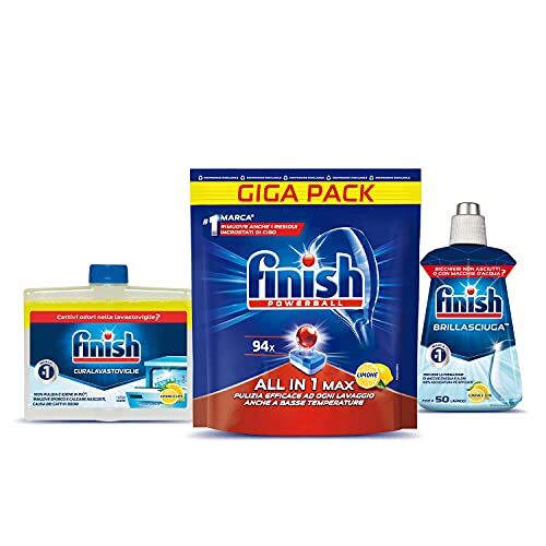 Finish Kit Pastiglie per Lavastoviglie, All in One Max, 94 Pastiglie, Limone, Curalavastoviglie Limone, Brillantante Limone