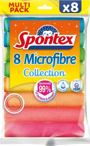 Spontex Microfibre x8, Panni multiuso, 8 pezzi, colorati, assorbenti, in microfibra tessile