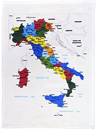 Half a Donkey Colourful Map of Italy showing the regions and major cities- Large Cotton Strofinaccio