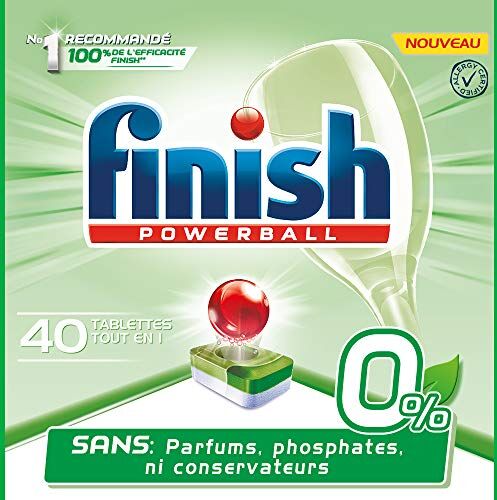 Finish Pastiglie Lavastoviglie Powerball All In One 0% Ecolabel- Senza profumi, fosfati e conservanti, 40 ripiani Lavastoviglie, 640 g