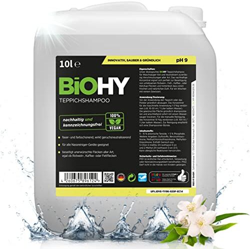 BIOHY Shampoo per tappeti (Lattina da 10 Litri)   Concentrato detergente efficace   ideale per rimuovere le macchie ostinate   ben tollerato dagli animali rispettoso dei materiali (Teppichshampoo)