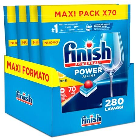 Finish All in 1 Max Pastiglie Lavastoviglie al Limone, 280 Capsule, 4 Confezioni da 70, Pulizia Efficace ad Ogni Lavaggio