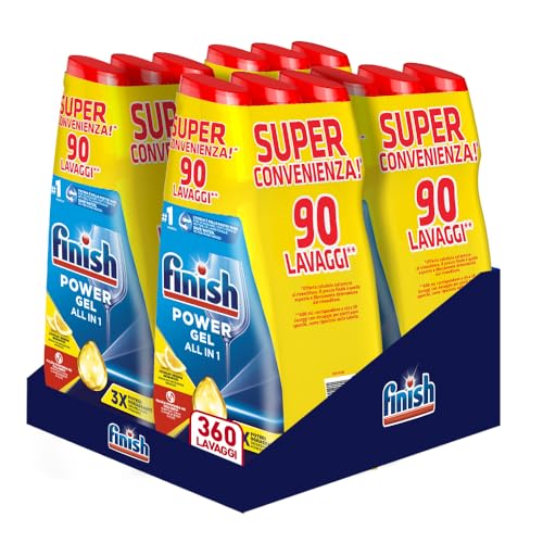 Finish Powergel Detersivo Lavastoviglie al Limone, Gel Lavastoviglie, 360 Lavaggi, 12 confezioni da 30 Lavaggi di Liquido Lavastoviglie