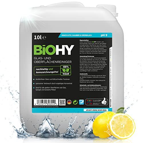 BIOHY Detergente per vetri e superfici (Lattina da 10 Litri)   Detergente concentrato a base di alcool   Detergente biologico professionale (Oberflächenreiniger)