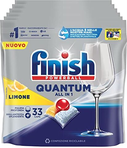 Finish 6x  Powerball Quantum All in 1 Capsule per Lavastoviglie Pulizia Profonda e Brillantezza al Limone 6 Confezioni da 33 Capsule