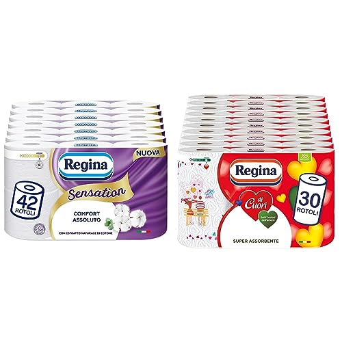 Regina Sensation 42 Rotoli di Carta Igienica, 160 Soffici Strappi a 3 Veli, Morbida e Resistente & di Cuori Carta Cucina   Confezione da 30 Rotoli a 2 veli   50 fogli per rotolo