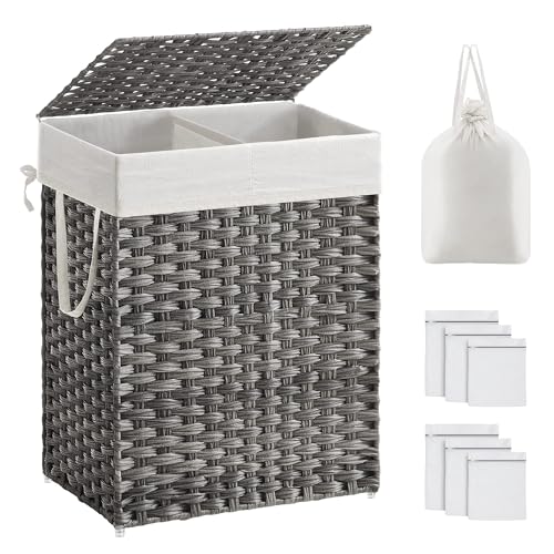 SONGMICS Cesto Portabiancheria con Coperchio, Cesta per Bucato 90L, 2 Scomparti, Sacco Estraibile con Manici, Intrecciato a Mano, in Camera da Letto, Bagno, 33 x 46 x 60 cm, Grigio LCB251G01