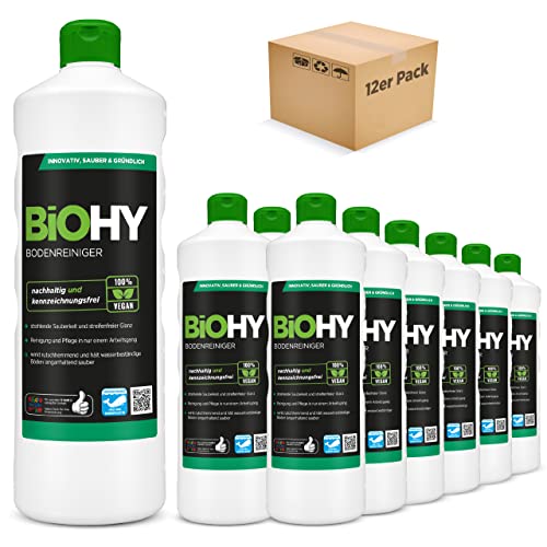 BIOHY Detersivo per pavimenti (12 bottiglie da 1l)   Concentrato per tutte le apparecchiature di pulizia e tutti i pavimenti duri   Pulizia senza striature (Bodenreiniger)