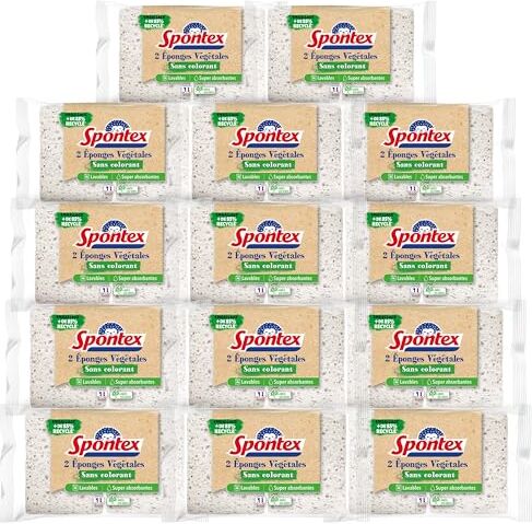 Spontex 28 spugne (14 confezioni da 2) vegetali senza coloranti Confezione con 85% di plastqiue riciclato Assorbe 20 x Peso secco 100% vegetale senza coloranti e Made in France