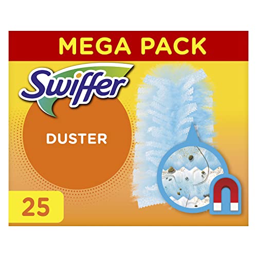 Swiffer Duster Piumini Cattura Polvere, 25 Piumini, Cattura e Intrappola Polvere e Sporco, Ottimo per I peli di Animale, Per Tutte le Superfici, Maxi Formato
