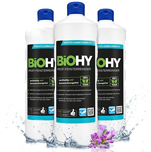 BIOHY Detergente per finestre professionale (3 bottiglie da 1l)   Detergente concentrato per vetri   adatto ai PULITORI A VUOTO PER VETRI   pulizia senza striature (Fensterreiniger)