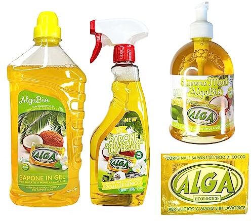 generic BOX ALGA BIO 1pz Sgrassatore Universale 500ml + 1pz Sapone in Gel per Bucato 1250ml + 1 Saponetta Molli per Bucato 400gr + 1 Sapone Alga Per Le Mani 500 Ml