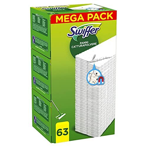 Swiffer 63 Panni Catturapolvere in Microfibra Dry, per Cattura Polvere e Sporco, Ottimo per Tutti i Tipi di Pavimenti e per i Peli Di Animali, con 79% di Fibre Riciclate