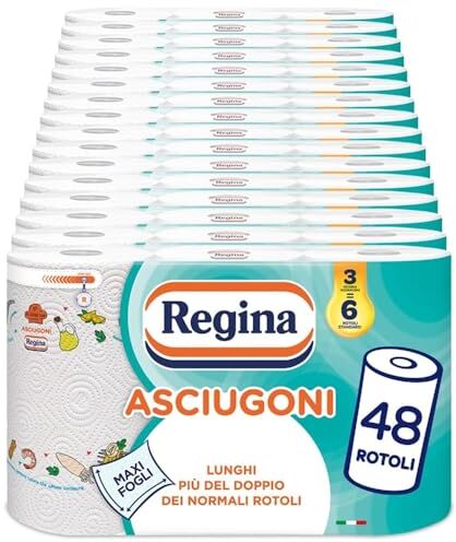 Regina Asciugoni – 48 Rotoli di Carta Cucina, Rotoli a 2 Veli, 100 Maxi Fogli per Rotolo, Confezione 60% in Plastica Riciclata, Carta 100% Certificata FSC