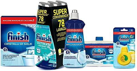 Finish Kit Lavastoviglie;  Quantum + Igiene Fresh 78 Lavaggi; Brillantante Regular 500ml, Curalavastoviglie regular 250ml.